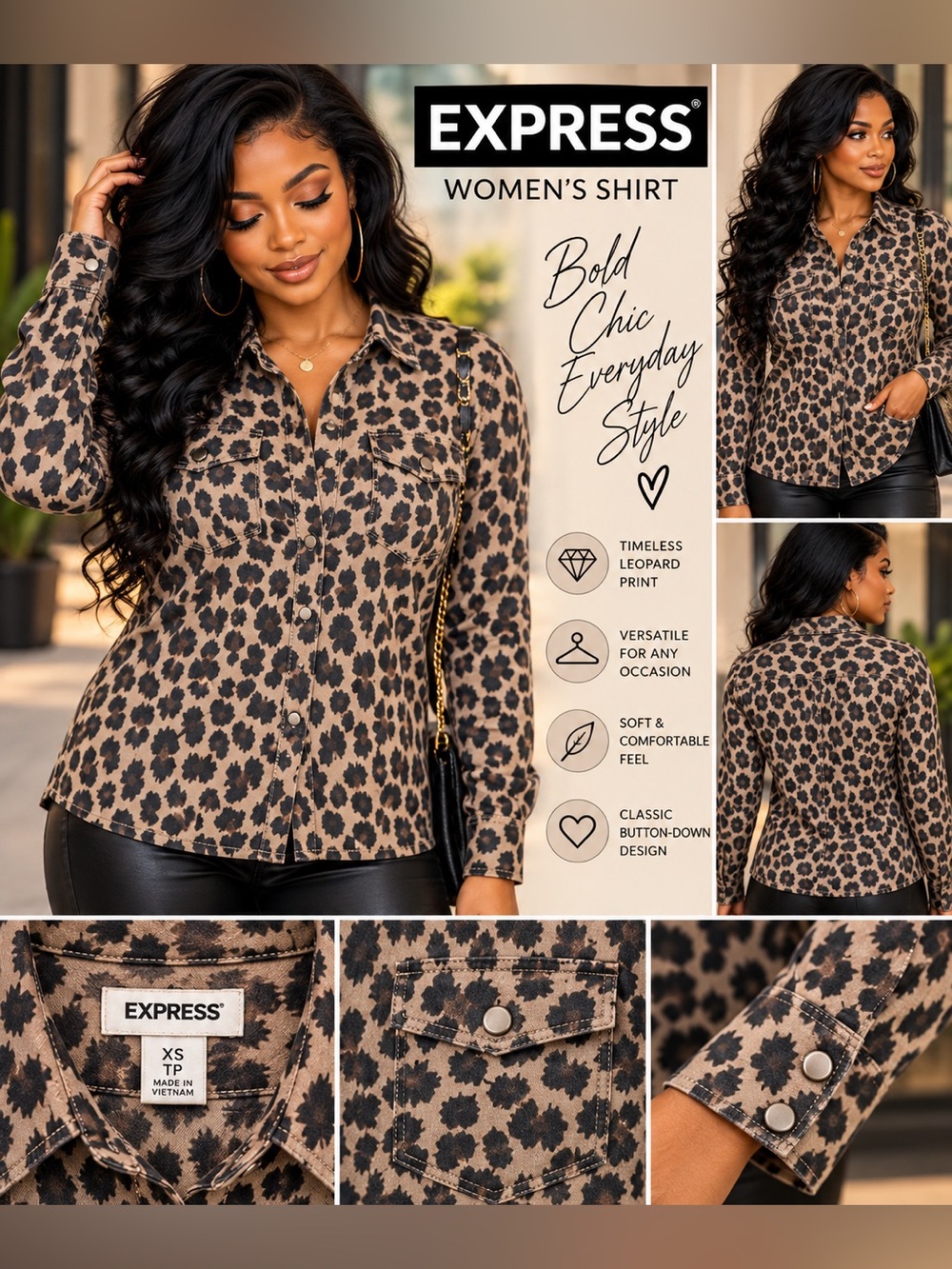 Express Women's Leopard Button-Down Shirt - Brown/Black size XS